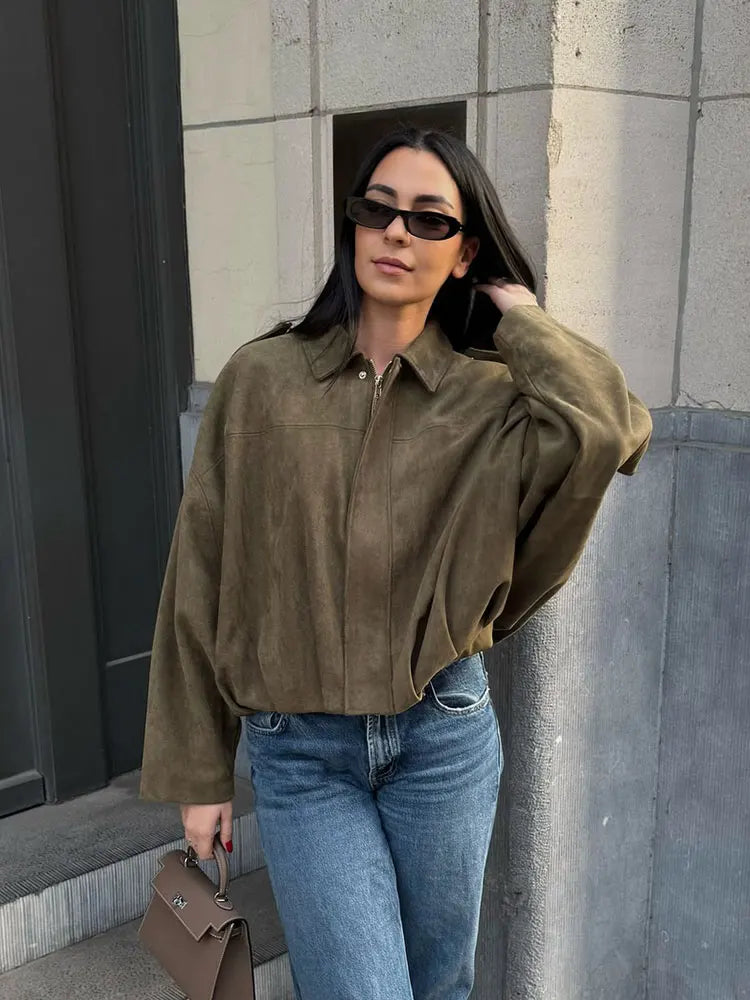 Damen Bomberjacke Crop Design mit Kentkragen und weiten Ärmeln in verschiedenen Farben