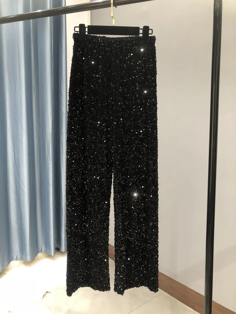 Damesbroek met wijde pijpen, glitter en pailletten, feestelijk en geschikt voor feestjes, hoge taille