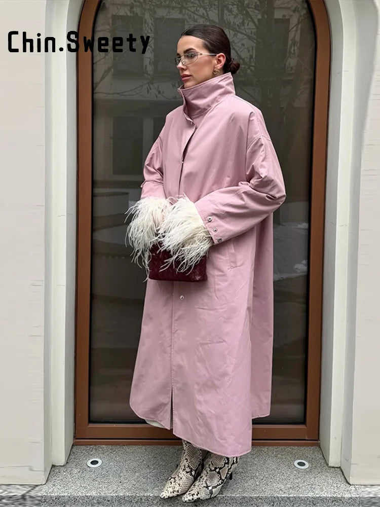 Damen Langer Mantel Übergangs Trenchcoat Stehkragen Weite Ärmel