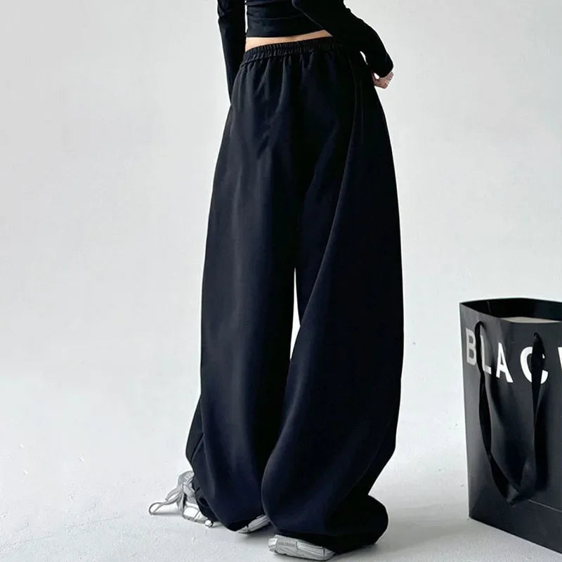 Wijde vrijetijdsbroek voor dames met hoge taille, casual stijl, grijs of zwart