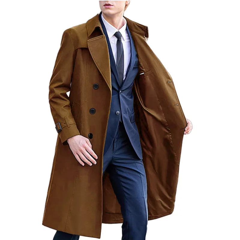 Herren Trenchcoat Zweireiher Langer Mantel mit Reverskragen