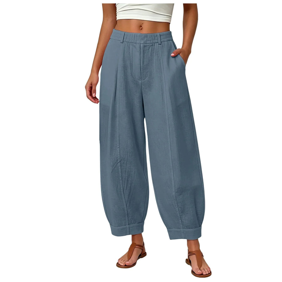 Dames linnen broek met wijde pijpen, hoge taille, elastisch, vrijetijdsbroek