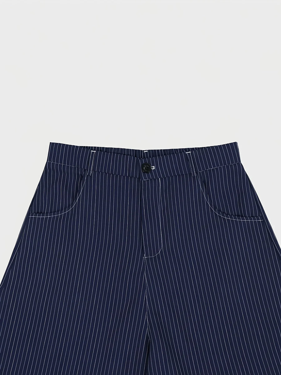 Wijde herenbroek met krijtstrepen, marineblauw