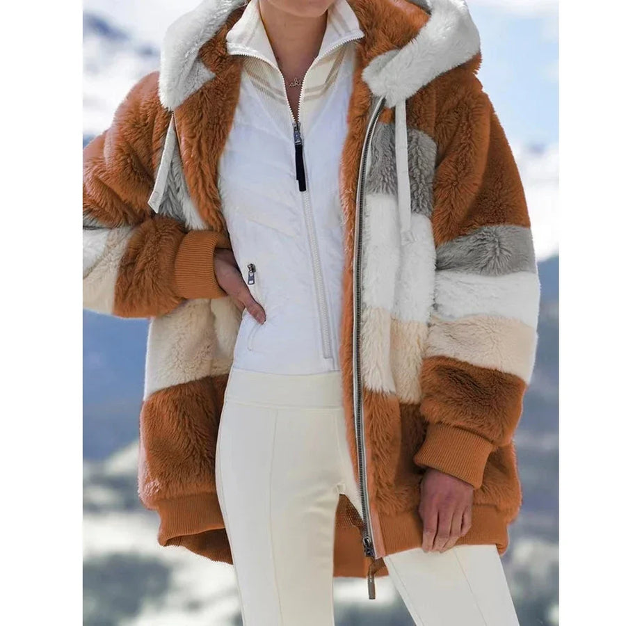 Damen Hoodie Jacke Fleece Winterjacke mit Kapuze Farbenblock