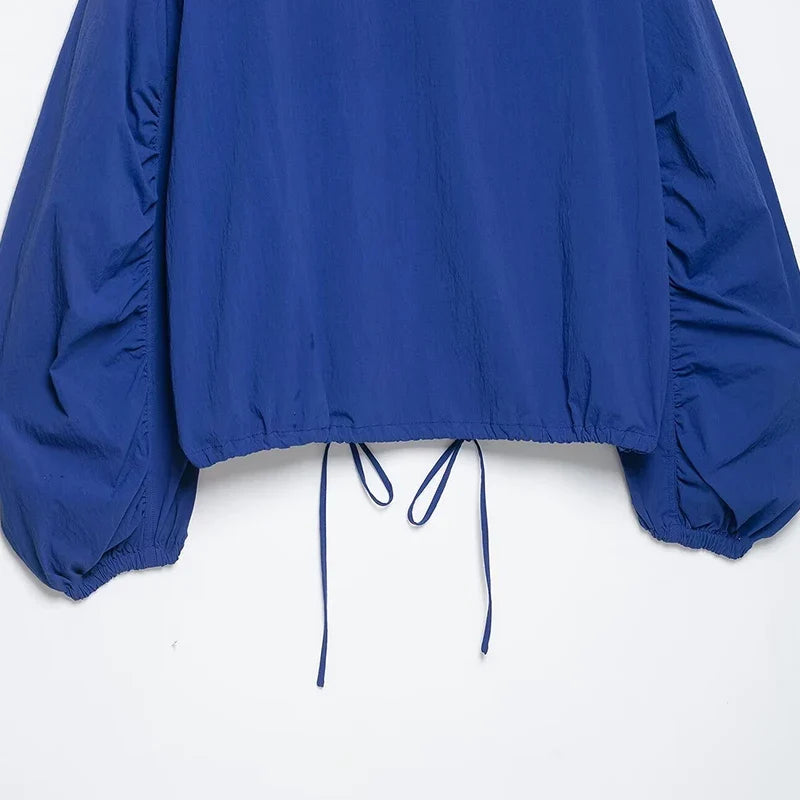 Damen Blouson Jacke Blau Stehkragen Knopfleiste Lange Ärmel