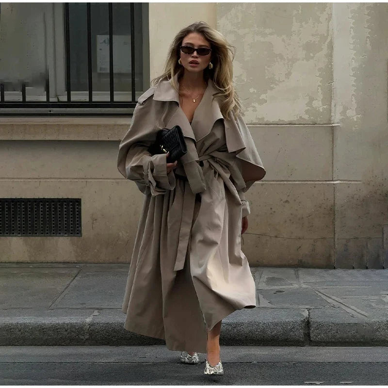 Damen Trenchcoat Oversize mit Bindegürtel Beige