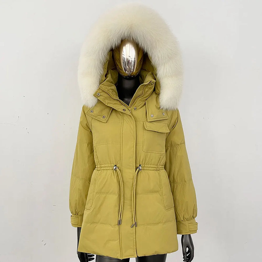 Damen Winterjacke Parka mit Kapuze Kunstfellbesatz Tunnelzug Creme