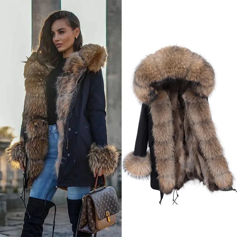 Damen Winterparka mit Kapuze und Plüschfutter, Lange Winterjacke