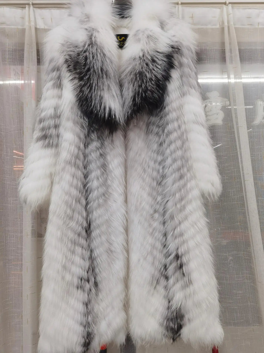 Damen Langer Mantel mit Pelz-Optik im Chevron-Muster