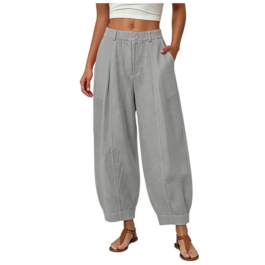 Dames linnen broek met wijde pijpen, hoge taille, elastisch, vrijetijdsbroek