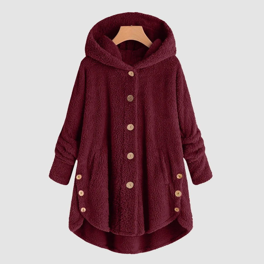Damen Teddy-Fleece Jacke mit Kapuze und Knöpfen