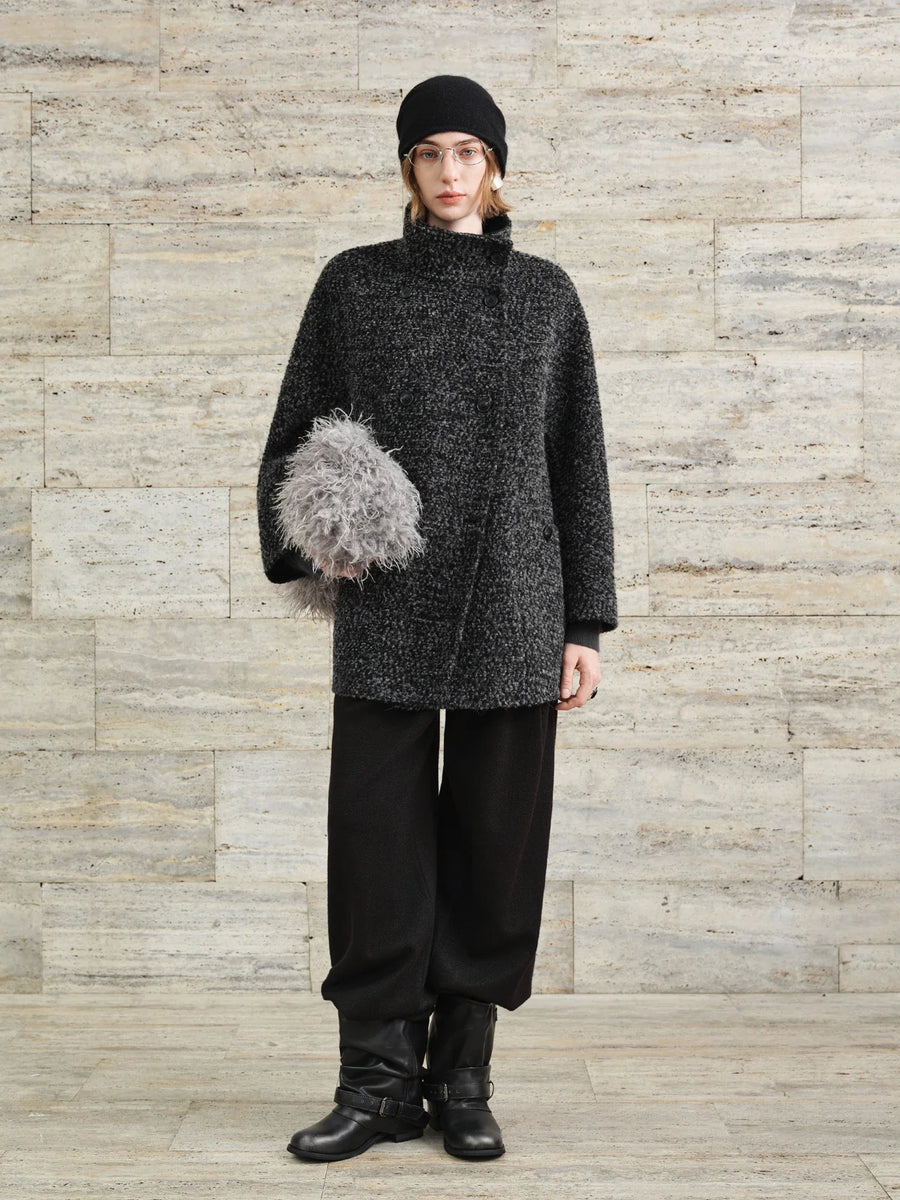Damen Kurzmantel Mélange Oversize Zweireiher Dunkelgrau
