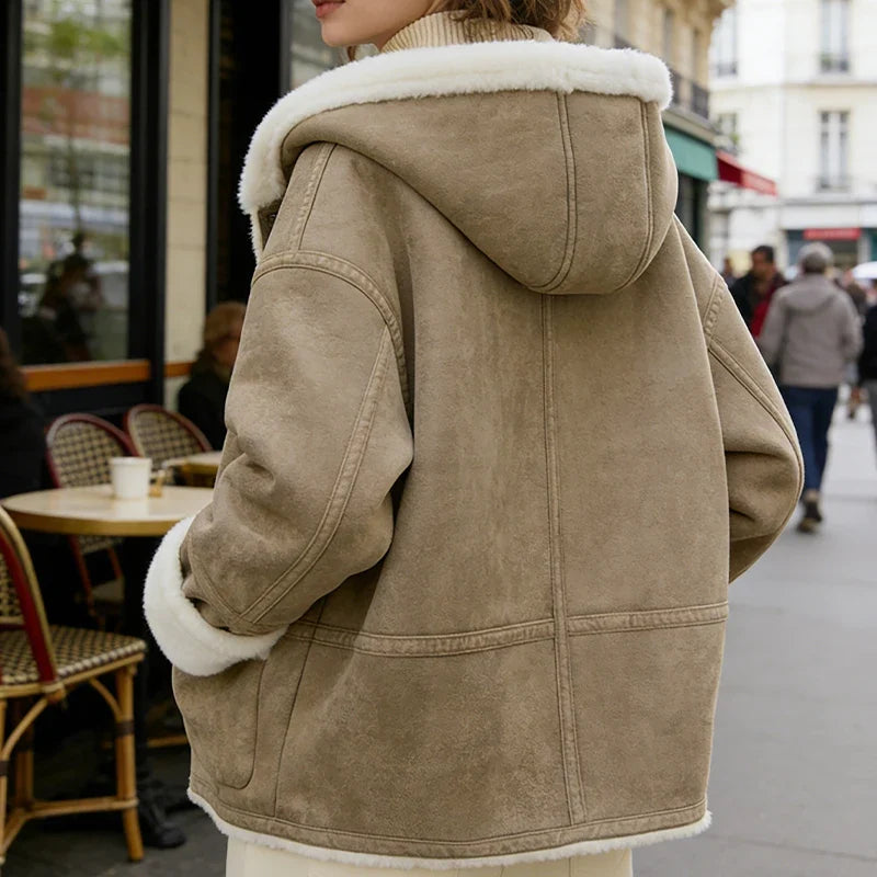 Damen Jacke mit Kapuze, Teddyfutter, Camelbraun, Knopfleiste