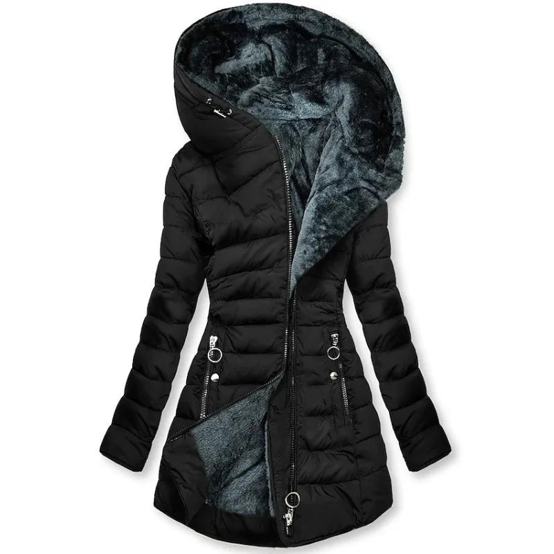 Damen Steppjacke mit Kapuze, gefüttert, Reißverschlusstaschen, Winterjacke