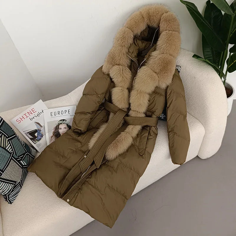 Damen Winter Steppmantel Lang mit Kapuze und Kunstpelzbesatz Gürtel