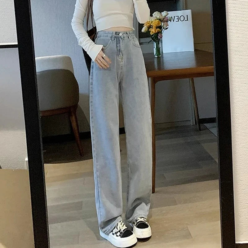 Damen Jeans Wide Leg High Waist Lange Freizeithose