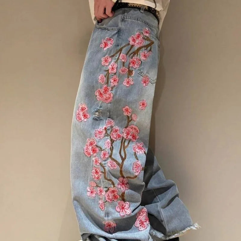 Weite Jeans im Baggy-Stil mit Blumenstickerei für Damen