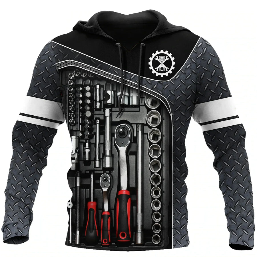 Kapuzenpullover Herren Hoodie Mechaniker-Design Motor Kolben Werkzeug Schwarz Grau