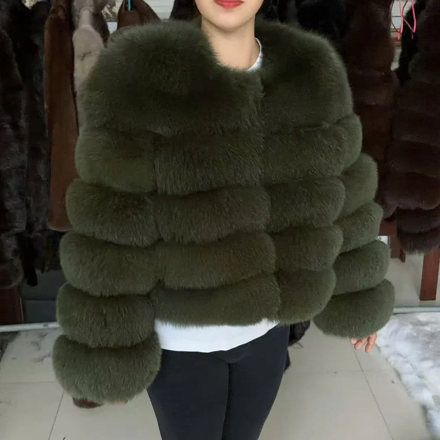 Damen Kurzjacke mit Kunstfell, Winterjacke mit gerippten Ärmeln, warmer Pelzmantel