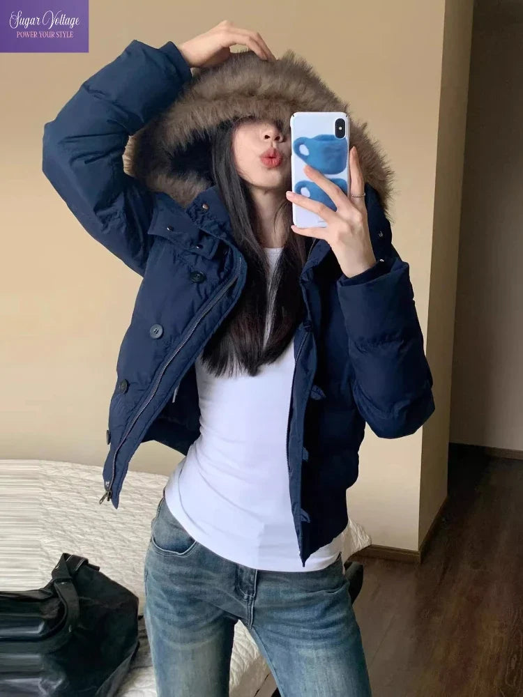 Kurze Damen Winterjacke mit Kunstpelz Kapuze Marineblau