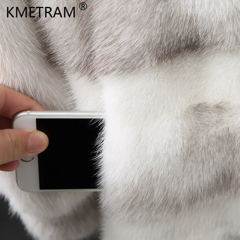 Damen Kurzmantel Kapuze Kunstfell Weiß Beige Gestreift