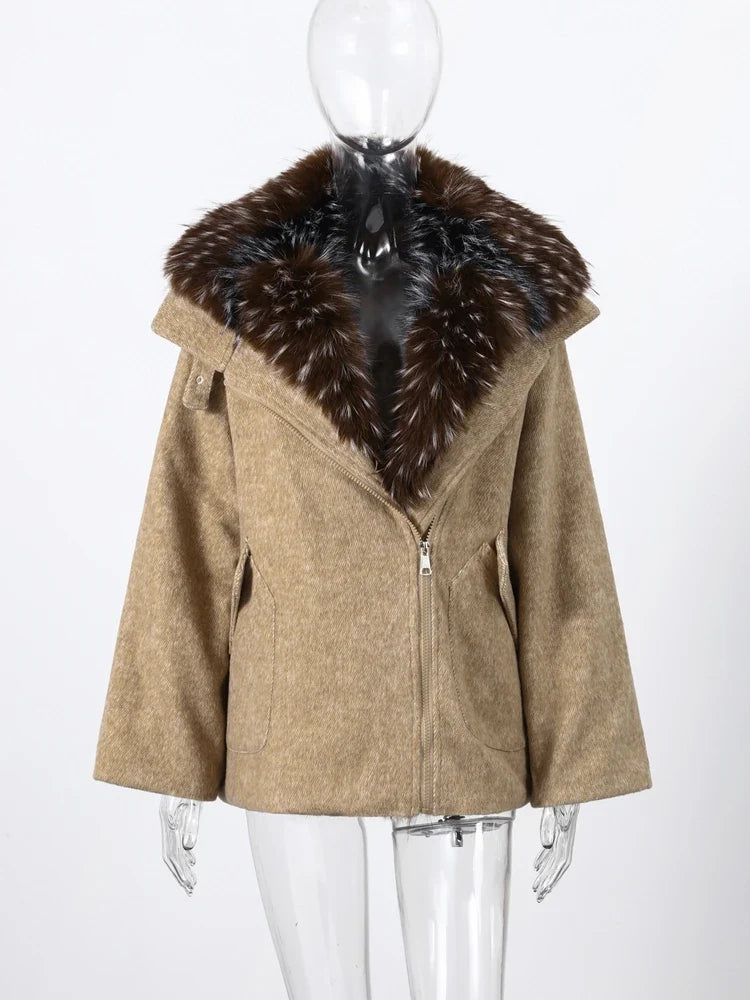 Damen Jacke Kurz Winterjacke mit Kunstpelzkragen Reißverschluss Grau
