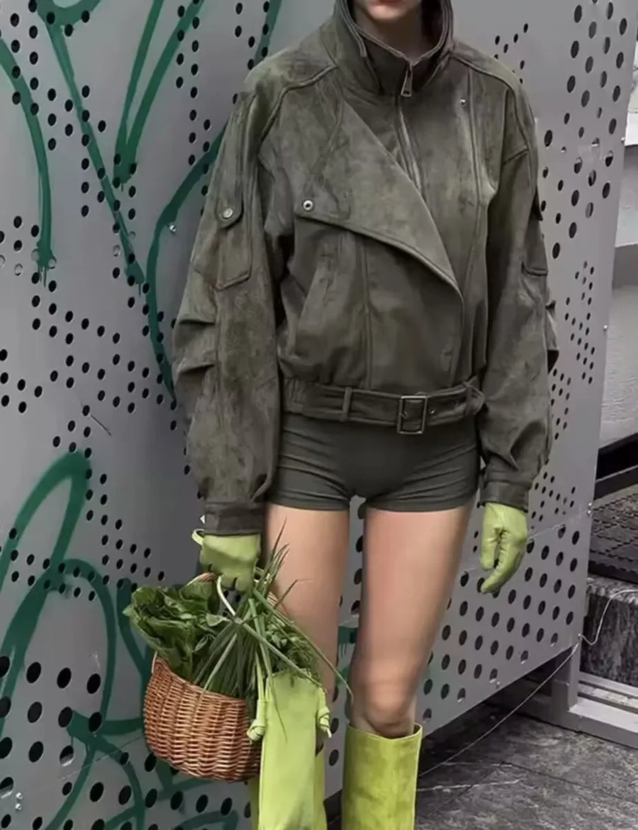 Bikerjacke Damen in Wildleder-Optik mit Reißverschluss und Gürtel