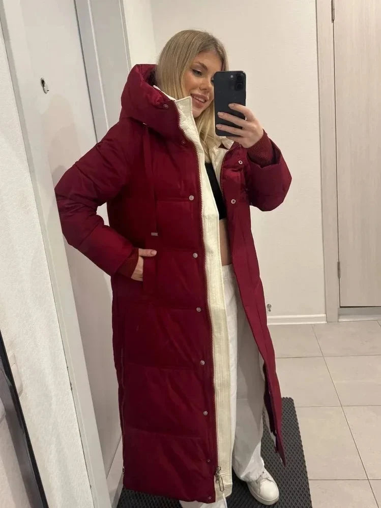 Damen Langer Steppmantel mit Kapuze Rot