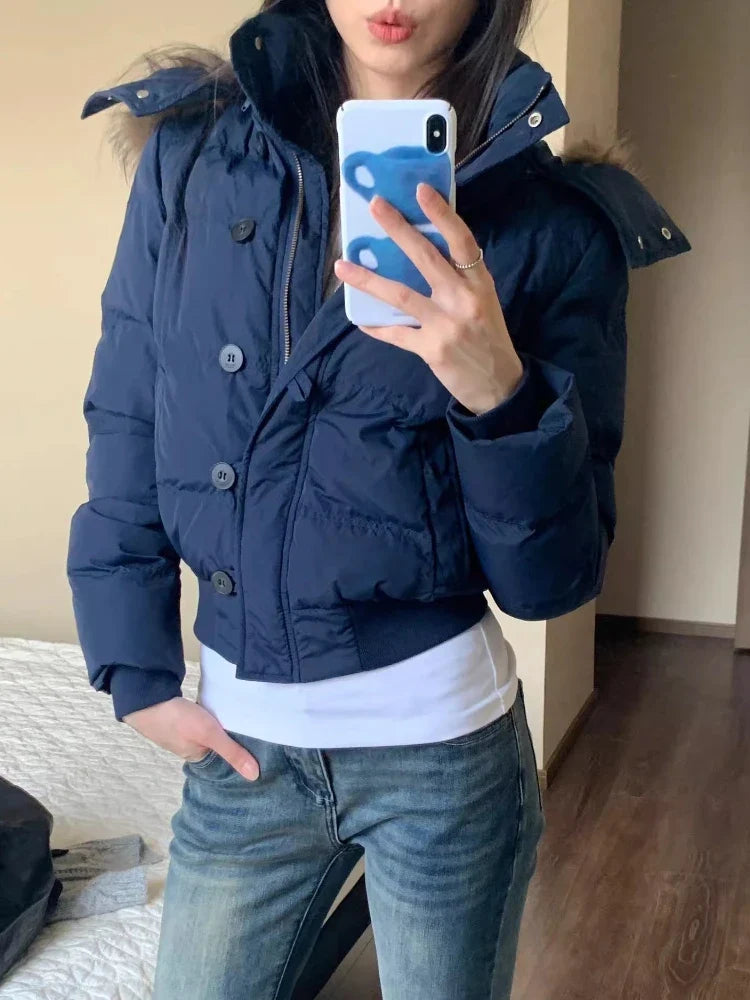 Kurze Damen Winterjacke mit Kunstpelz Kapuze Marineblau