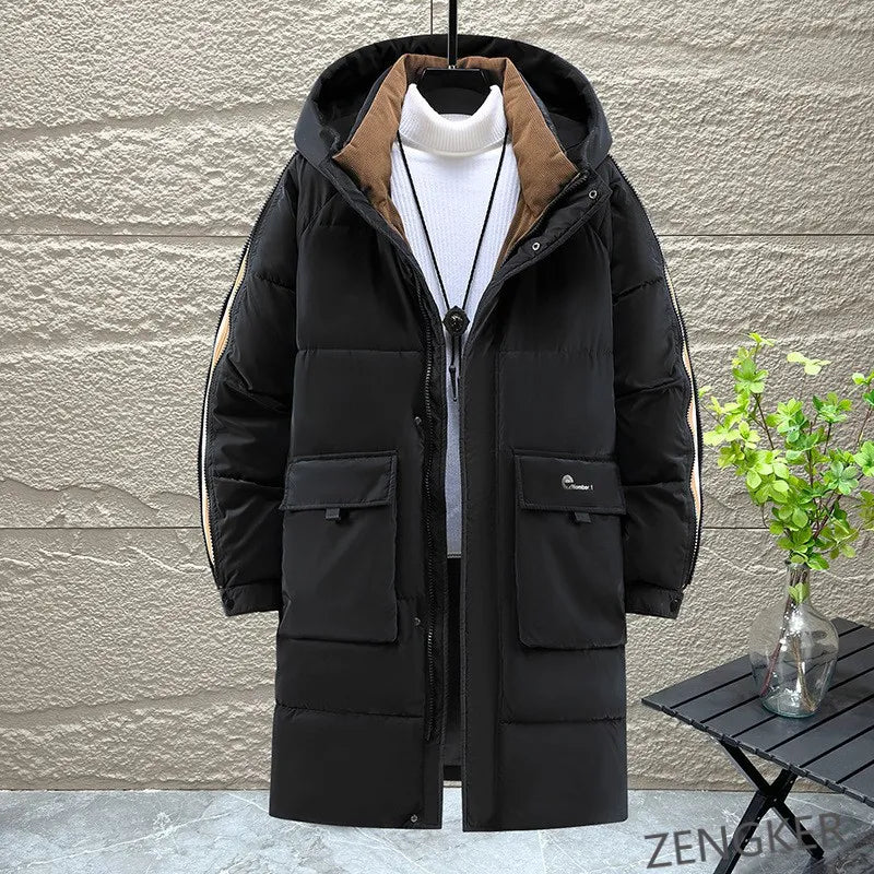 Herren Winterjacke Lang Schwarz Gesteppt mit Kapuze und Reißverschluss