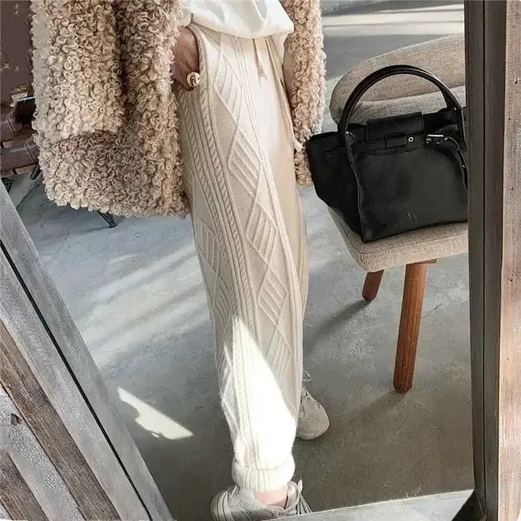 Damesgebreide broek met kabelpatroon, joggingbroek, losse vrijetijdsbroek, beige
