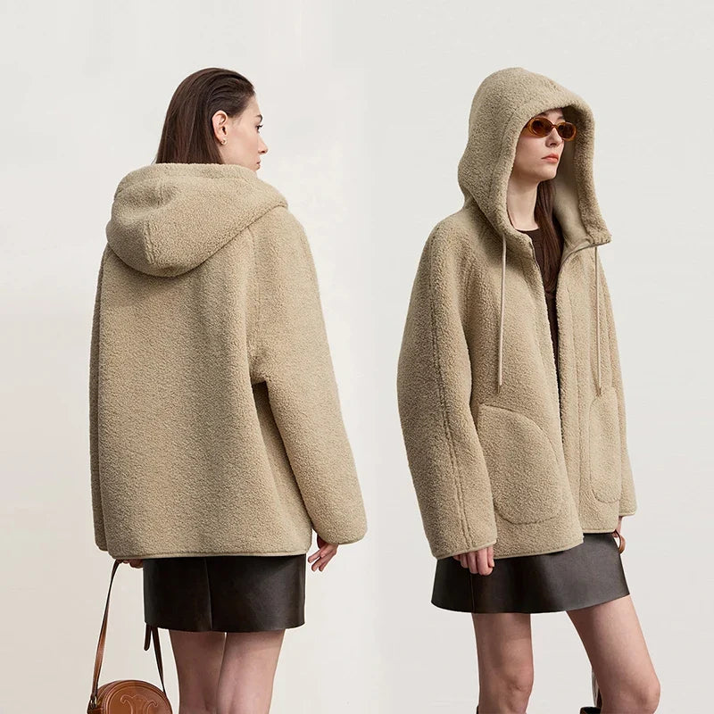 Damen Kapuzenjacke Teddyfleece Beige Übergangsjacke