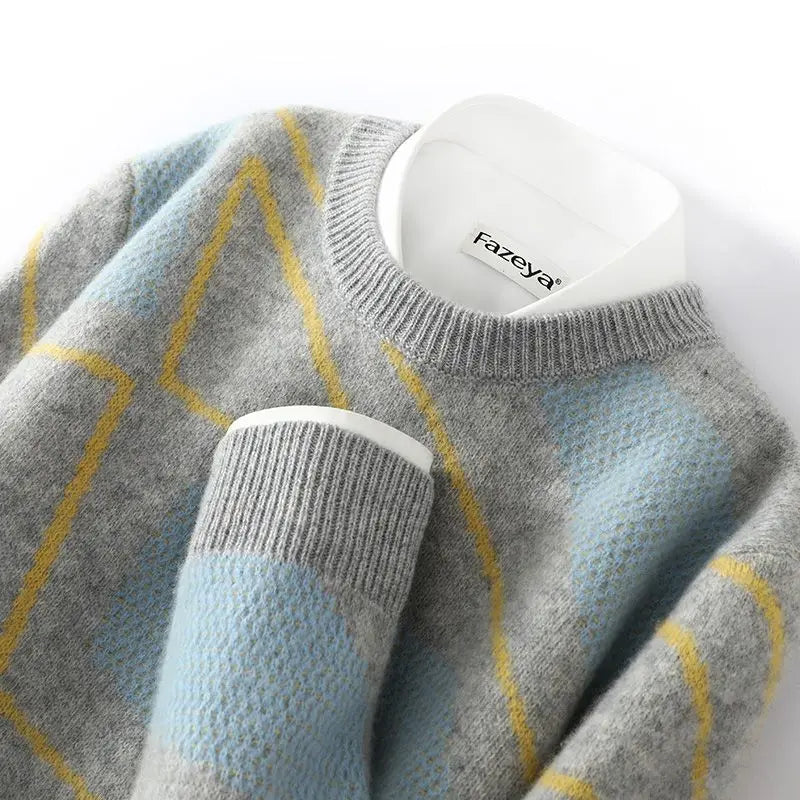 Unisex trui met ronde hals en argylepatroon, gebreide trui met lange mouwen