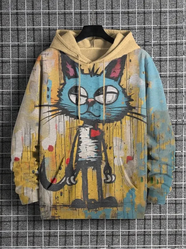 Unisexhoodie met kattenprint en kangoeroezak