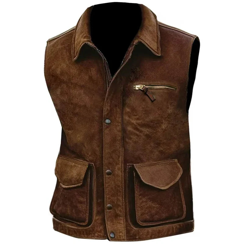 Herren Weste Braun im Wildleder-Look mit Taschen Reißverschluss