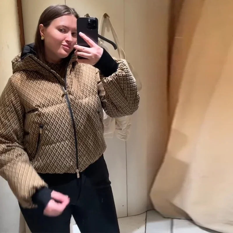 Steppjacke & Hose Set Damen Winter Raute Muster Braun Warm