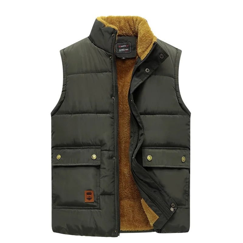 Herenbodywarmer met pluche voering, knoopsluiting en V-hals, olijfgroen