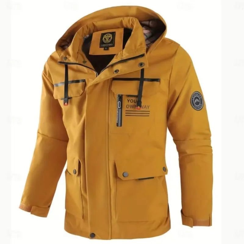 Herren Outdoor Jacke mit Kapuze & Reißverschluss, Winddichte Übergangsjacke mit Taschen