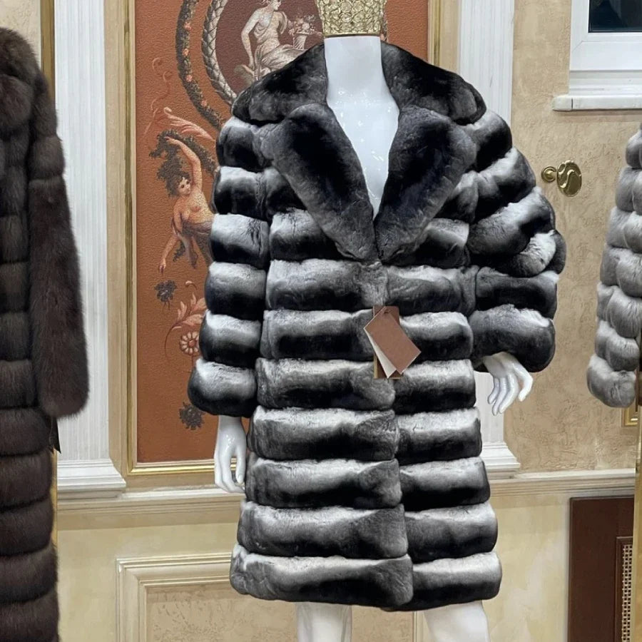 Damen Luxus Mantel Langarm Kunstpelz Weicher Kragen Beige-Grau Gestreift