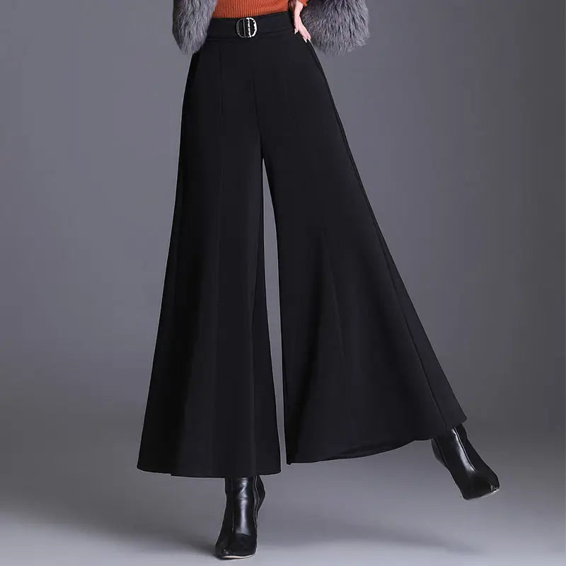 Damen Palazzo Hose Schwarz Weites Bein Hoher Bund