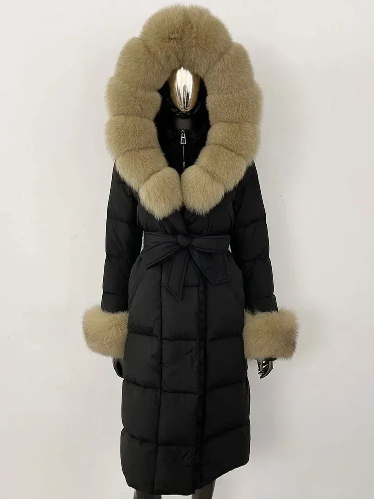 Damen Daunenmantel Lang mit Kapuze und Pelzbesatz Gürtel Steppjacke Warm