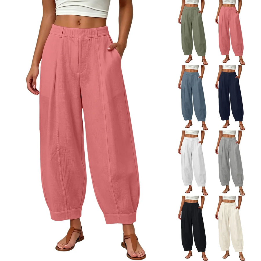 Dames linnen broek met wijde pijpen, hoge taille, elastisch, vrijetijdsbroek