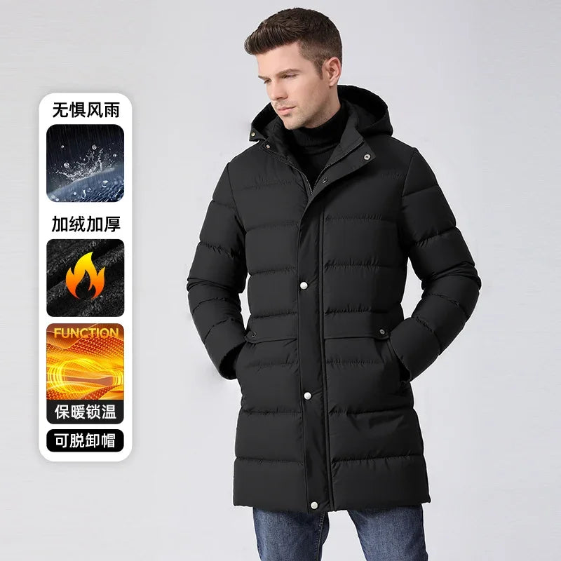Herren Langer Winter Steppmantel mit Kapuze und Knöpfen – Warm & Winddicht