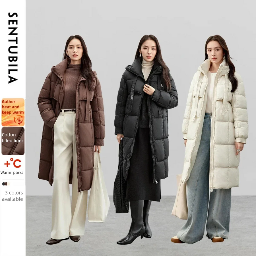 Damen Winter Parka mit Kapuze, langer Steppmantel
