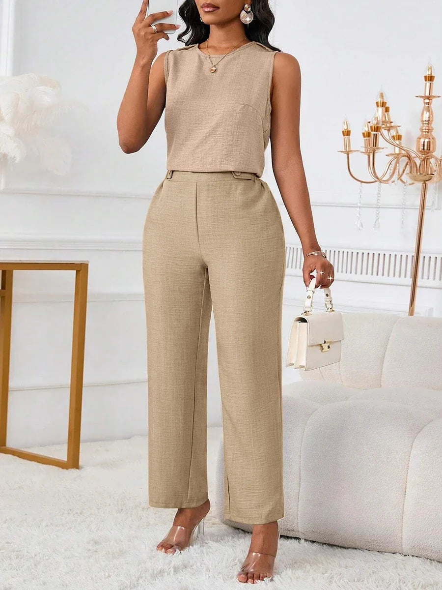Damen Ärmelloses Oberteil & Weite Hose Set in Khaki