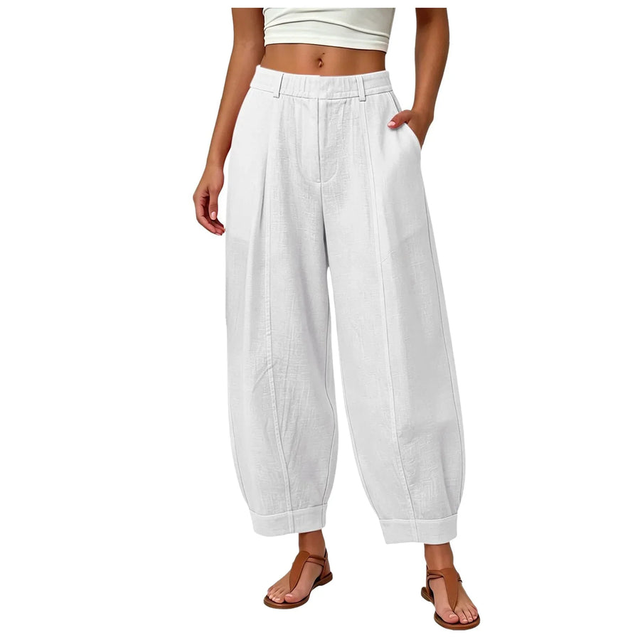 Dames linnen broek met wijde pijpen, hoge taille, elastisch, vrijetijdsbroek