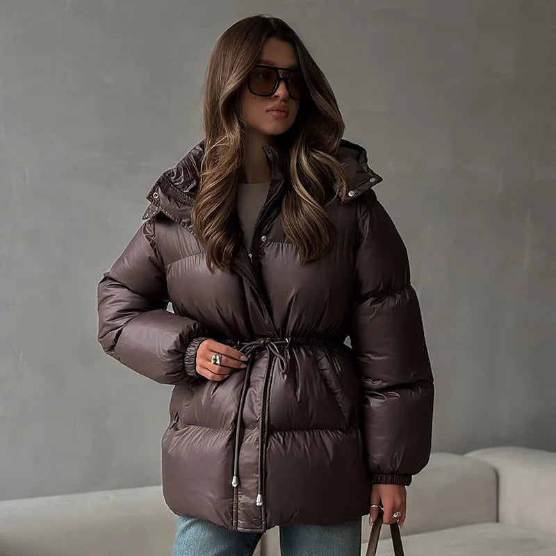 Damen Steppjacke mit Kapuze und Kordelzug, glänzend, warm