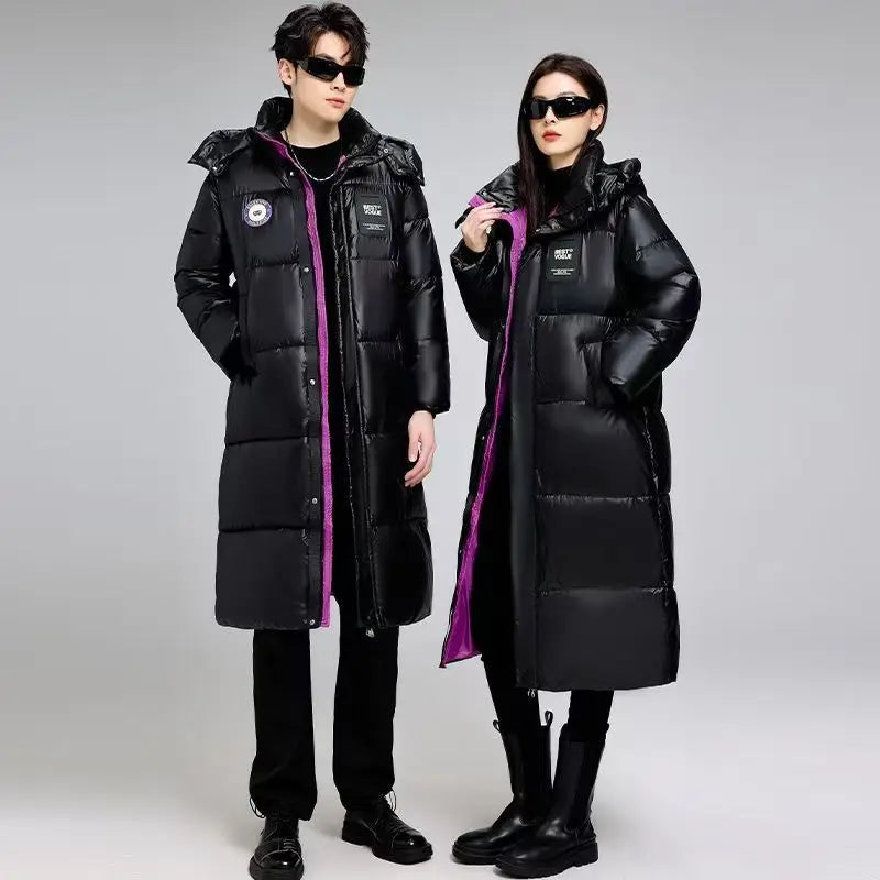 Unisex Langer Steppmantel Schwarz mit Kapuze Glänzende Optik