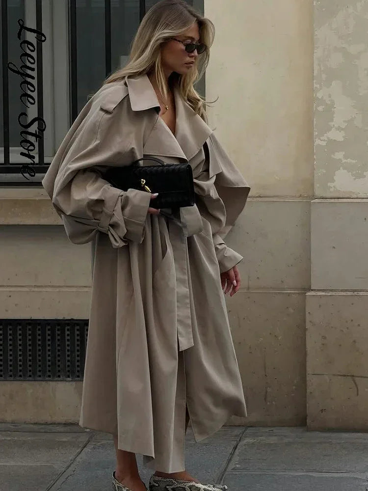 Damen Trenchcoat Oversize mit Bindegürtel Beige