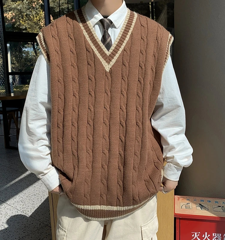 Unisex gebreid vest met kabelpatroon en V-hals